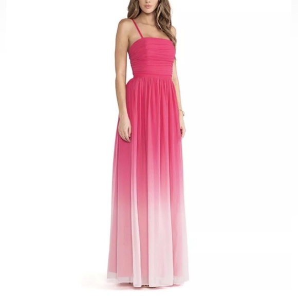 ERIN FETHERSTON Pink Ombre Strapless Flowing Chiffon Silk Maxi Gown - Reemoly
